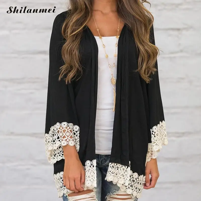 Boho Винтаж черная блузка Для женщин Кружево Куртка-кардиган осень 2017 г.