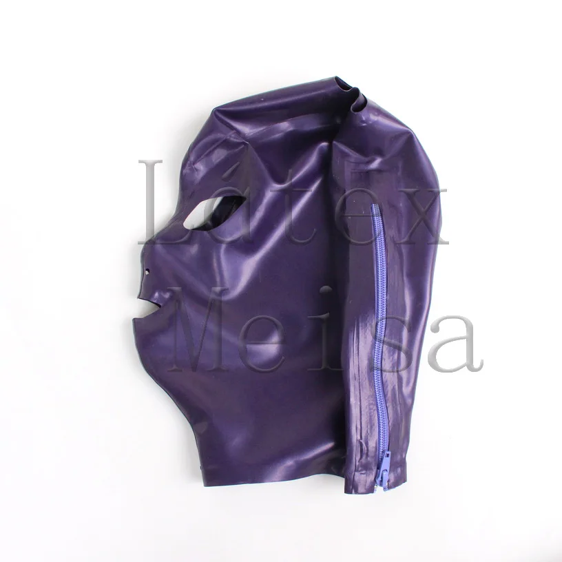Metallic purple Fetish Latex hoods with hair holes and open eyes mouth nostrils attached back zip | Тематическая одежда и