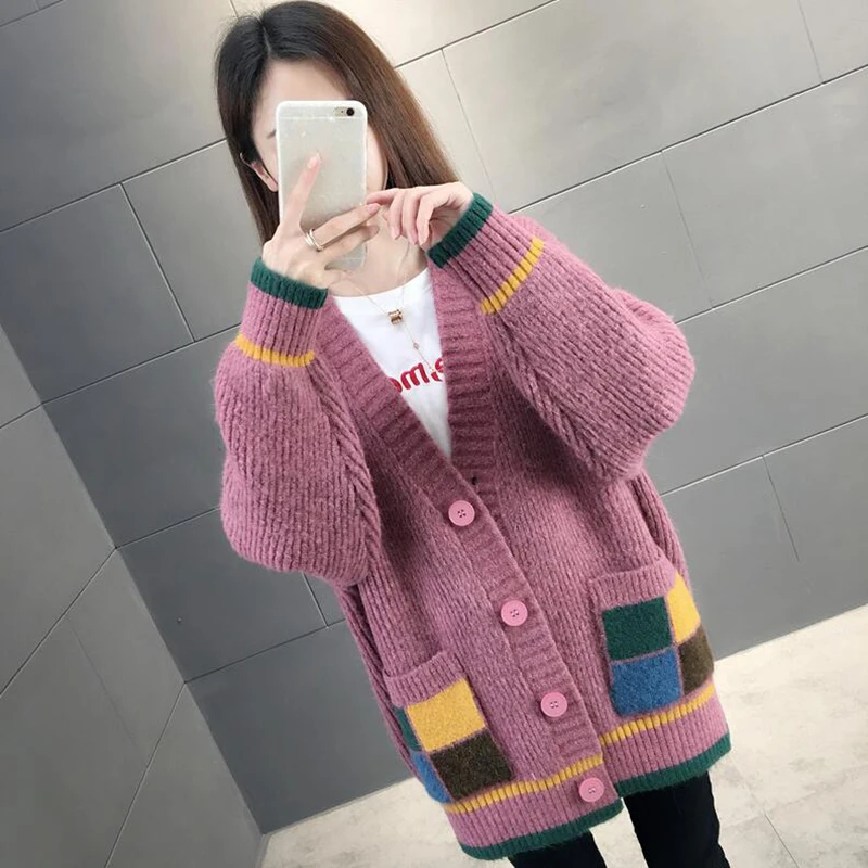 

Autumn Sweater Cardigans Women 2019 V neck Long Sleeve Casual Sweater Coat Korean Patchwork Loose Knit Cardigan Jacket Tops