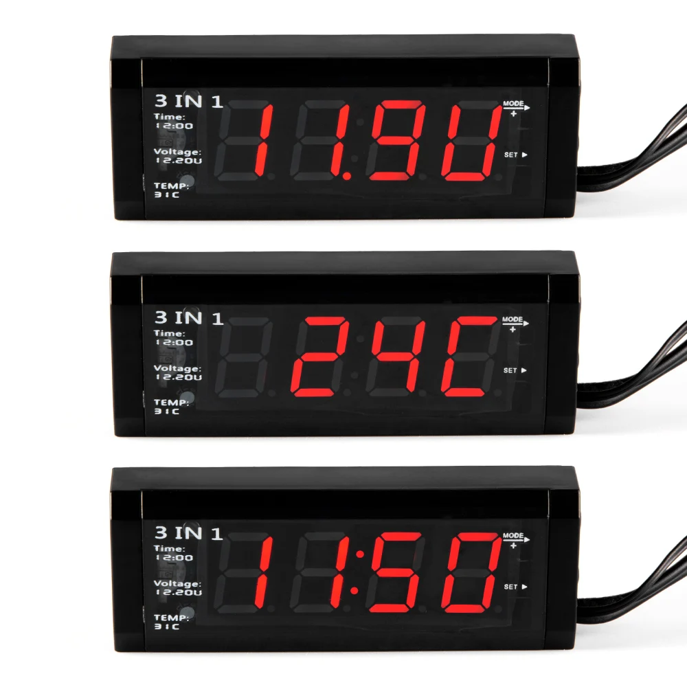 

Автомобиль 3 в 1 12 В/24 В цифровой автоматический термометр Автомобильный вольтметр измеритель напряжения тестер монитор ЖК-дисплей часы