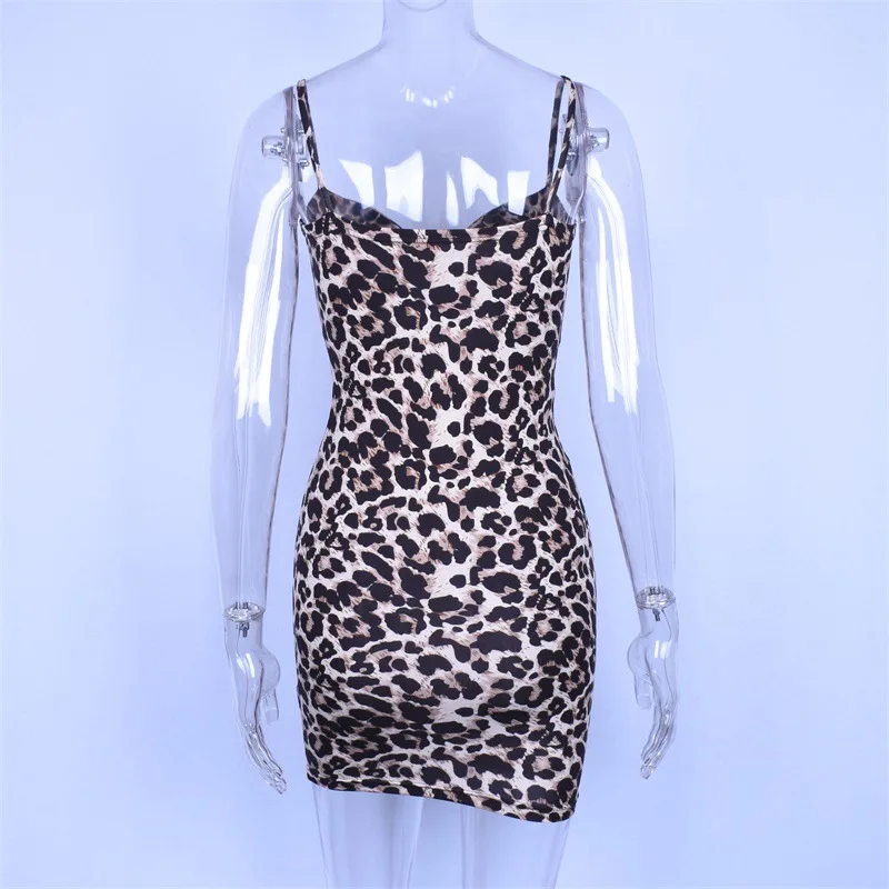 

AOSSILIND Spaghetti strap v-neck leopard print dress summer autumn sexy hollow out tie up bodycon club dresses