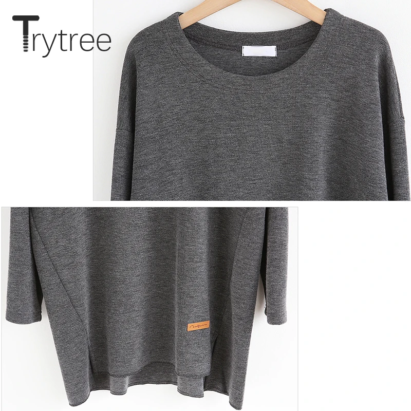 Trytree весна лето футболка Повседневная хлопок полиэстер шесть цветов сплошной полный рукав o-образным вырезом женские длинные топы хлопок модная футболка
