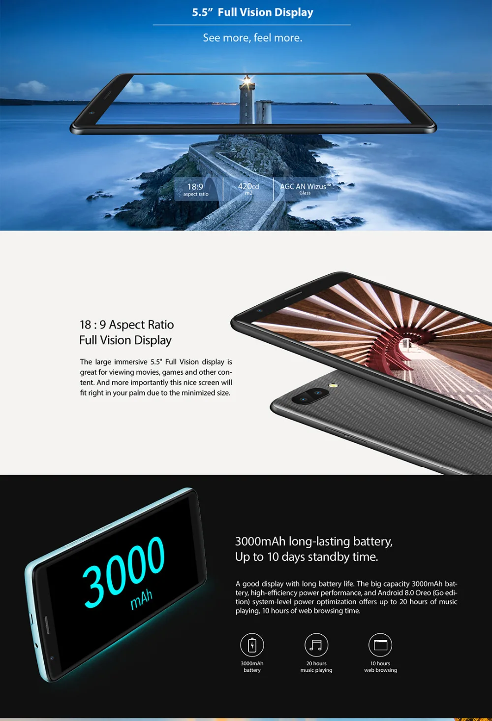 Blackview A20 смартфон 5,5 дюймов 18:9 Android Go двойная камера 1 ГБ 8 ГБ MT6580M 5MP 3g мобильный телефон