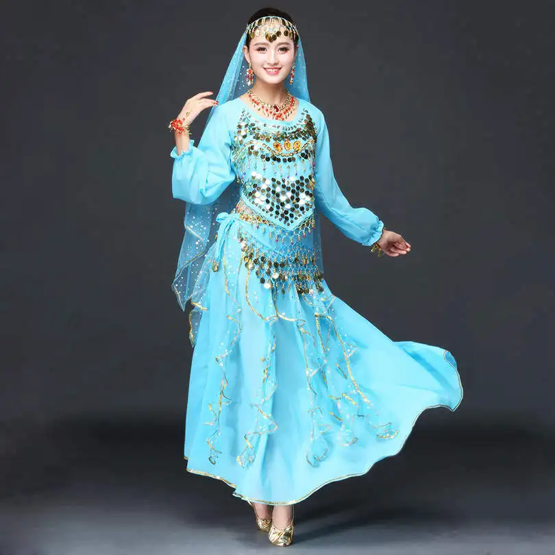 turquoise long sleev Женская танцевальная одежда сари набор костюма для танца живота Индийские танцы Болливуд костюм(набор включает топ, пояс, юбку и вуаль - Цвет: turquoise long sleev