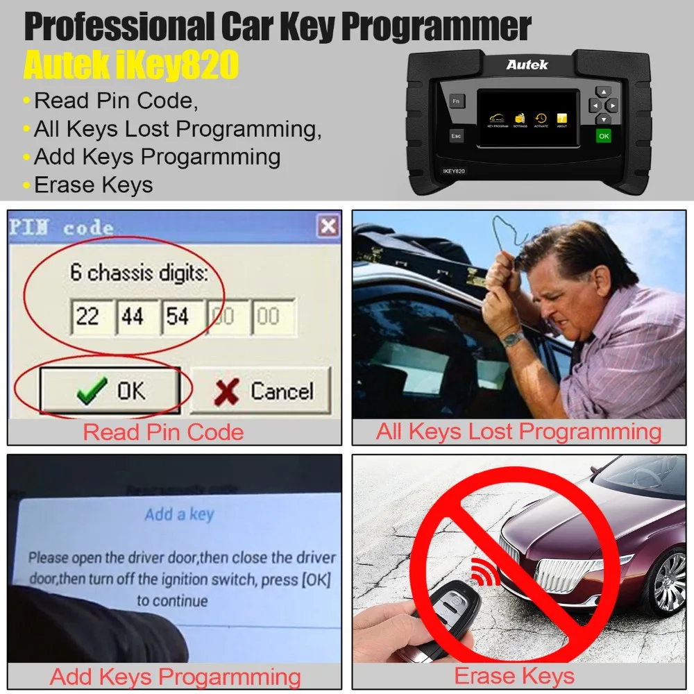 Autek iKEY820 Auto Key Programmer Professional Pin Code Reader Immobilizer Car Key Programming Diagnostic Tool For All Key Lost