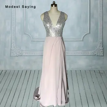Sexy Backless Grey Pink Mermaid V Neck Chiffon Beaded Sequins Red Carpet Dresses Celebrity Dress 2017 Evening Prom Gowns JE25