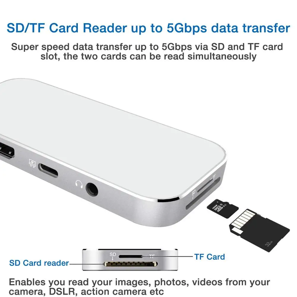 Amkle 7in1 USB C концентратор Тип совместимому с HDMI SD/TF 3 5 мм адаптер ключ для MacBook Pro