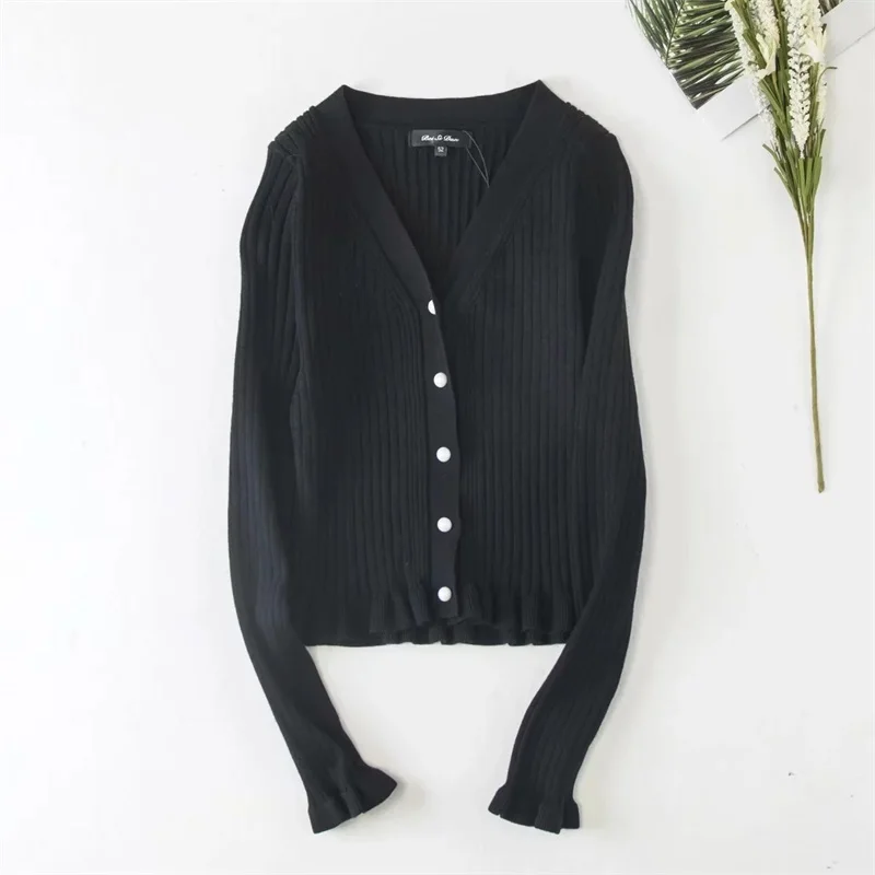 Зимний женский однобортный цельный свитер с глубоким v-образным вырезом и отделкой рюшами, Укороченный кардиган, вязаные Джемперы, 3 цвета