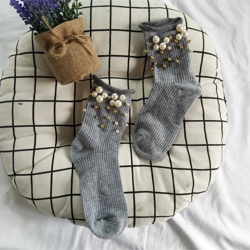 Милые носки ручной работы с жемчугом золотистого и серебряного цвета модные