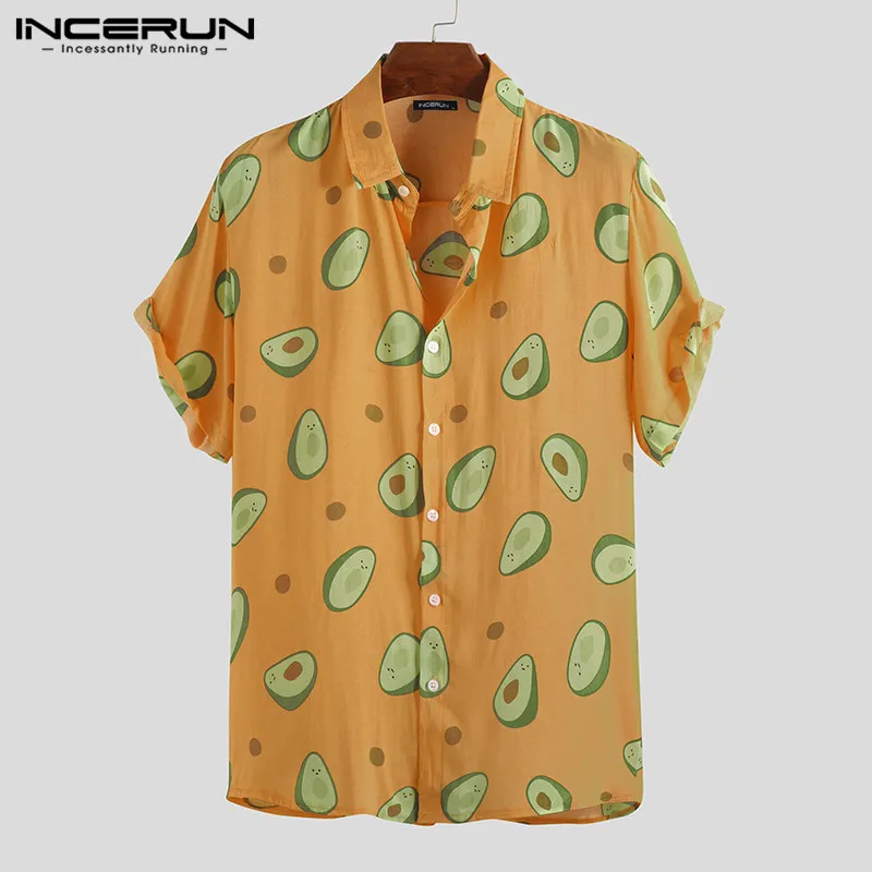

INCERUN Summer Avocado Print Men Shirt Turn-down Collar Short Sleeve Casual Beach Hawaiian Shirts Men Streetwear Camisa 2022 5XL