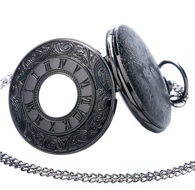 Черный Pocketwatch винтажные шармунисекс модные римские цифры Кварцевые в стиле стимпанк женские карманные часы мужское ожерелье с подвеской с цепочкой