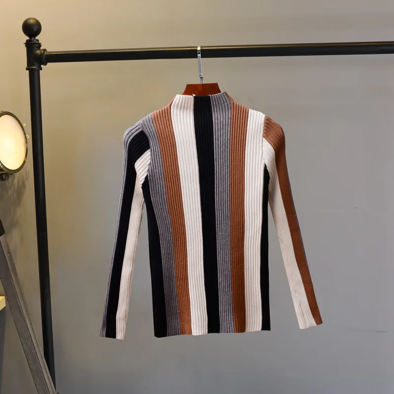 2018 Women Vertical Striped Patchwork Sweater Autumn Winter Turtleneck Long Sleeve Knitted Cool Pullovers Tops Korean | Женская одежда
