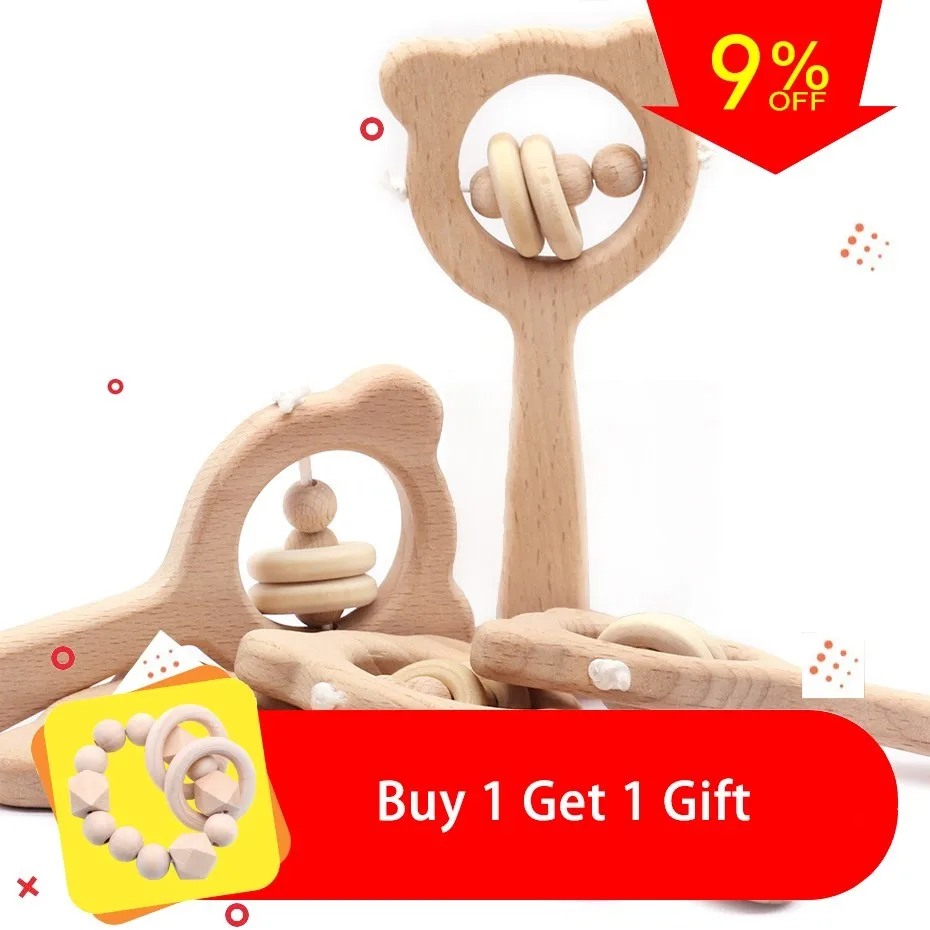 1pcs Rattles Детские игрушки из бука, медведь, рука, Прорезывание Зубов, деревянное кольцо, можно жевать бусины, играть в спортзал, Монтессори игрушки, погремушки для младенцев, детские игрушки для прорезывания зубов - Цвет: 1pcs Rattles