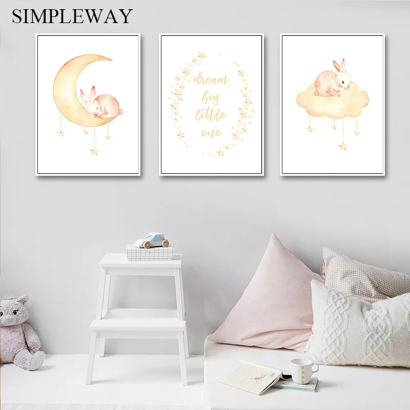 Детский постер с акварельным Кроликом настенная Картина на холсте цитатами для