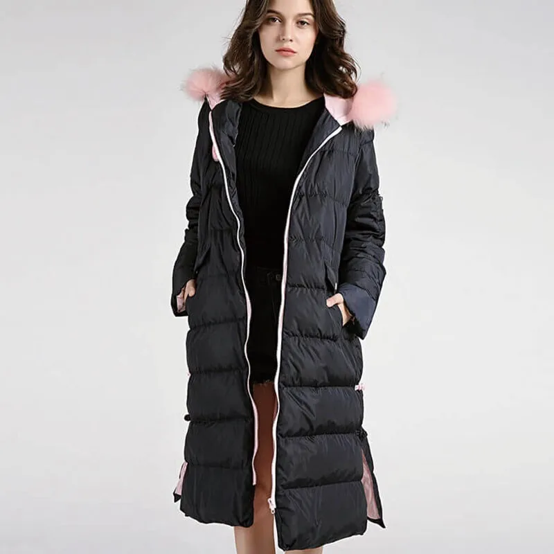 Navy Blue Зимний женский пуховик, новинка, большой меховой воротник, выше колена, тонкий, модный, свободный, тонкий, парка для женщин, длинное пальто размера плюс, HJ67 - Цвет: Navy Blue