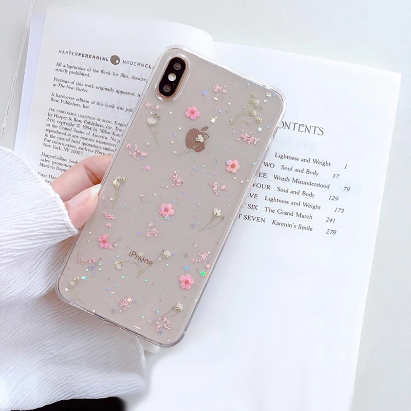 Чехлы WOTP с настоящими цветами для iPhone XS Max XR 6 6S 7 8 Plus X, прозрачный мягкий TPU задний крышки телефона с сухими цветами, подарки.
