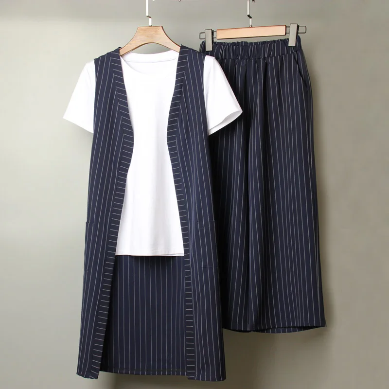 Женский шифоновый костюм тройка повседневный топ + штаны в полоску офисный