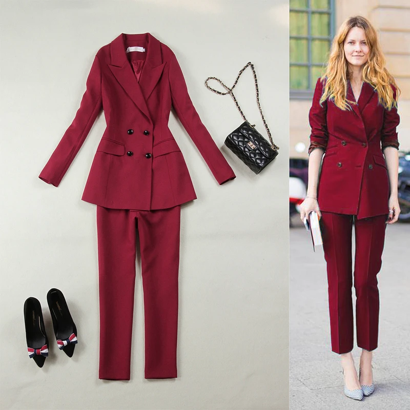 

Large Hot Sale Polyester Full V-neck Size Women's Suit 2019 New Slim Double-breasted Long + Nine Straight Pants Two Women