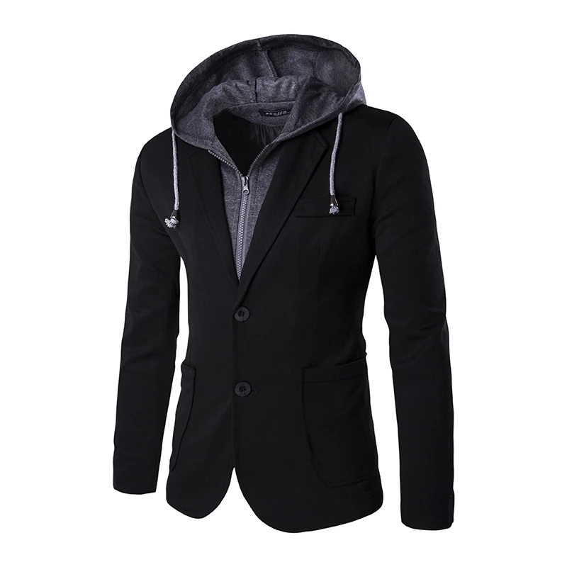 2016 Мода Пиджаки Мужчин Slim Фитнес-Оставить Два С Капюшоном Куртки Blazer Формальные