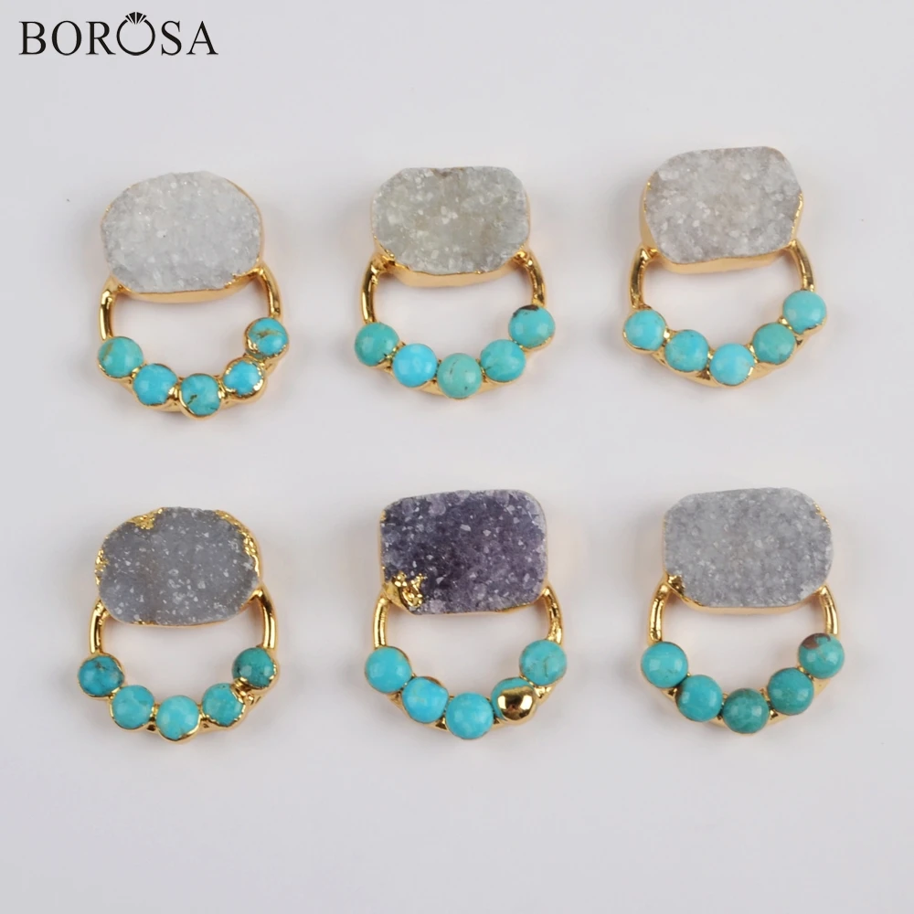 

BOROSA 5Pcs Gold Plating Natural Agates Druzy & Five Round Natural Turquoises Charm Natural Gems Drusy Pendant Jewelry G1855