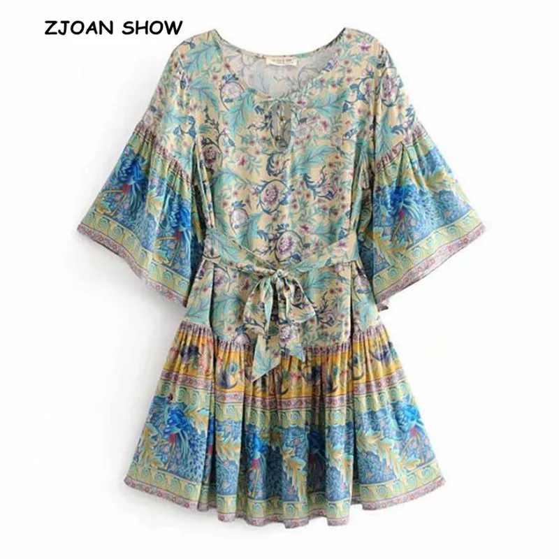 

2019 New Women Bohemian Lace up V neck Location Peacock Floral Print Dress Ethnic Bow Tide Sashes Short Dresses Femme Vestido