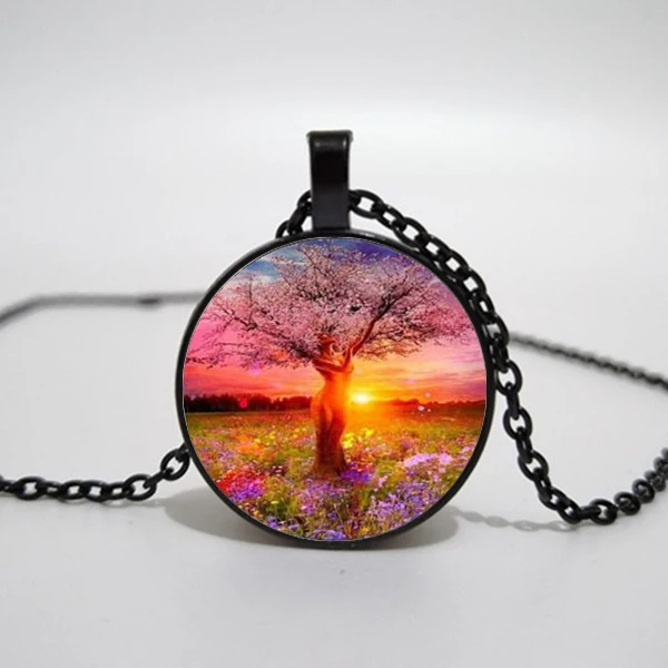

Goddess Tree Of Life Photo Tibet Silver Cabochon Glass Pendant Chain Necklace Beautiful and colorful life tree Glass Necklace