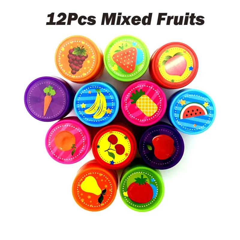 12Pcs Mixed Fruits Cartoon Round Stamp Toys for Children 12pcs DIY Handmade Craft Students Stamps Toys Book Decro Teacher Seal Kids Art Toys - Цвет: 12Pcs Mixed Fruits