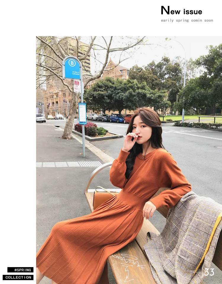 Womans Runway Long Sleeve Pleated Knitted Dress 2018 Newest Autumn Fashion Office Women's Elastic Waist Female | Женская одежда