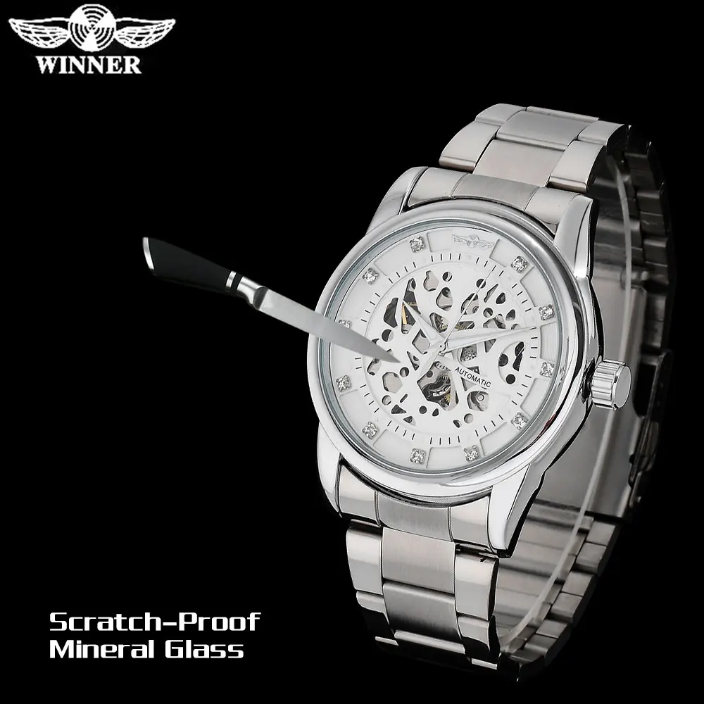 Мужские модные повседневные механические часы WINNER Серебристые со стальным