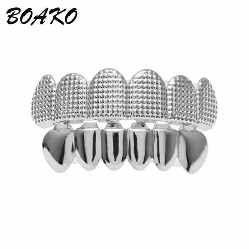 Silver Set BOAKO, Золотая решетка, решетка для зубов, гриль, хип-хоп, мужские верхние и нижние грили, зубной рот, панк, зубные колпачки, рэппер, косплей, украшения для тела - Окраска металла: Silver Set