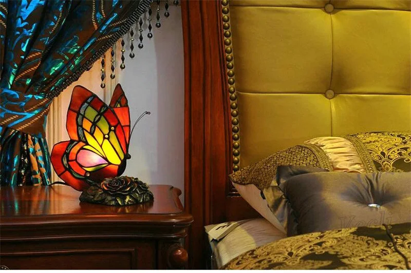 Новинка Tiffanylamp Цветочная основа прикроватная настольная маленькая декоративная настольная лампа, современный светодиодный ночник-светильник с бабочкой для детской спальни
