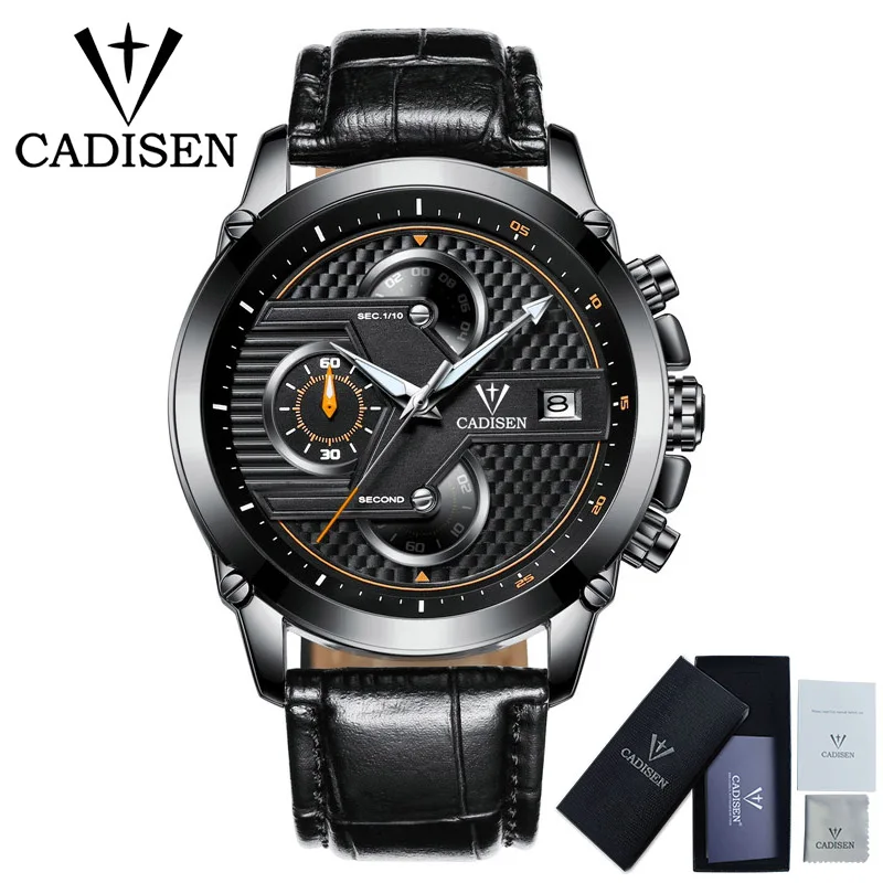 9018-L All Black Cadisen часы мужские Топ бренд хронограф модные повседневные кварцевые мужские часы кожа спортивные 30 м Водонепроницаемые мужские наручные часы - Цвет: 9018-L All Black