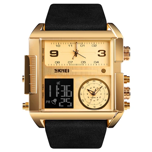 Gold Black SKMEI Спорт фитнес для мужчин часы Элитный бренд кварцевые Военная Униформа наручные часы светодиод цифровой часы водонепроница Relogio Masculino - Цвет: Gold Black