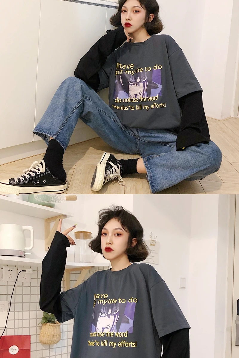 Camisetas Mujer, осенняя женская футболка, Корейская уличная футболка Ulzzang Harajuku с мультяшным принтом, футболка с длинным рукавом, женские топы