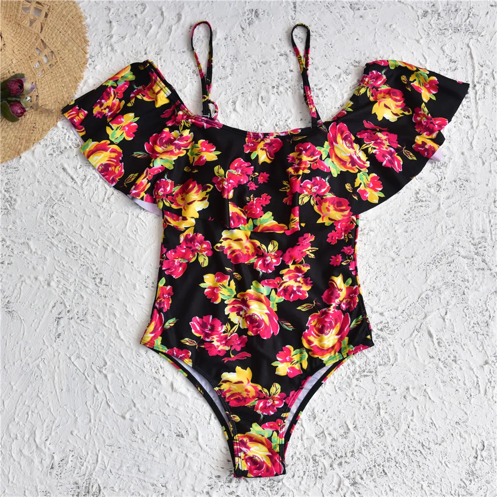 Сексуальный купальный костюм с принтом банана гофрированный открытыми плечами