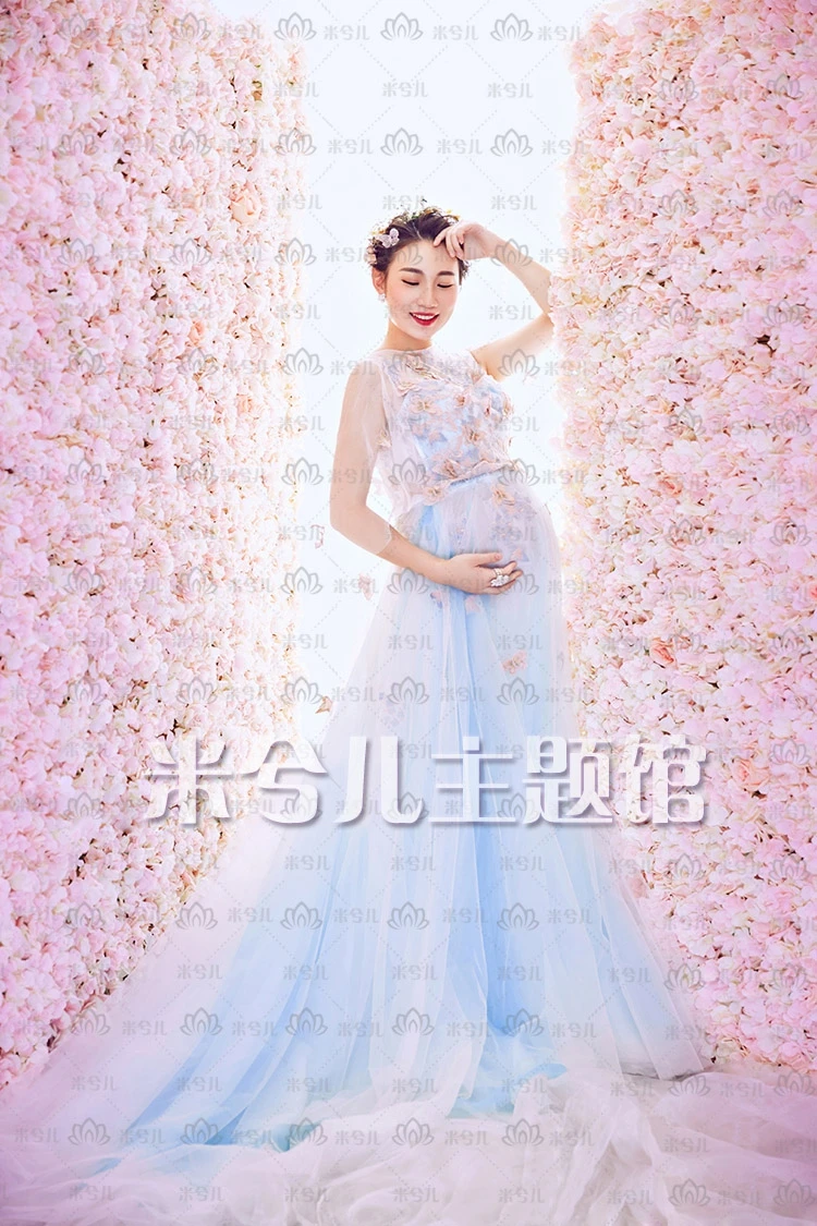NEW Pregnant Maternity Women Photography Fashion Props Blue Flower Sleeveless Dress Romatic Fancy Baby Shower Free shipping
