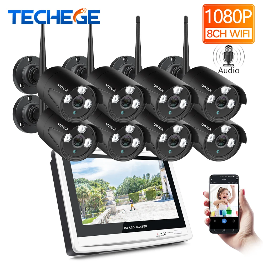Techege 8CH 1080P Беспроводная NVR CCTV система 1" ЖК-экран 2.0MP аудио запись наружная IP камера система видеонаблюдения