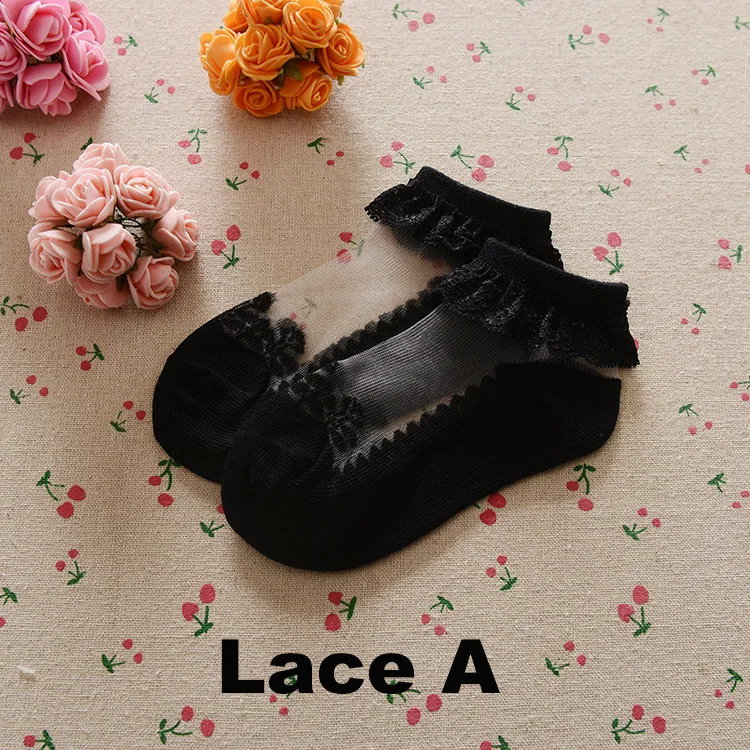 Lace A black Новинка года, весенне-летние кружевные ультратонкие сетчатые носки с кристаллами для маленьких девочек носки-башмачки однотонные невидимые носки детские носки - Цвет: Lace A black