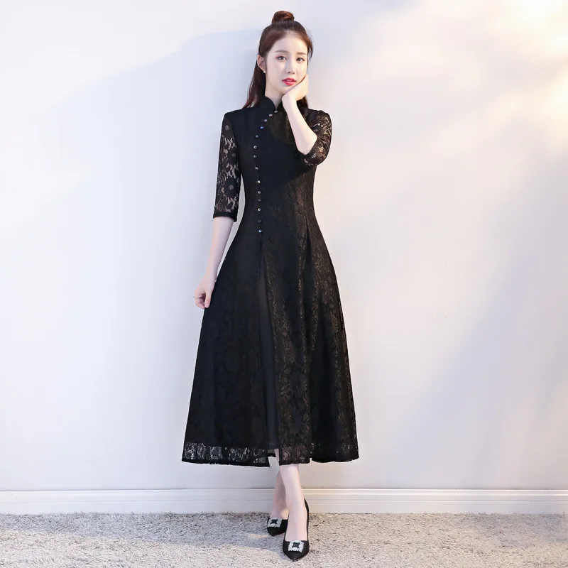 Sexy Lace Vietnam Aodai Three Quarter Sleeve improved cheongsam Long Vintage Mandarin Collar Qipao Plus Size M-4XL | Тематическая
