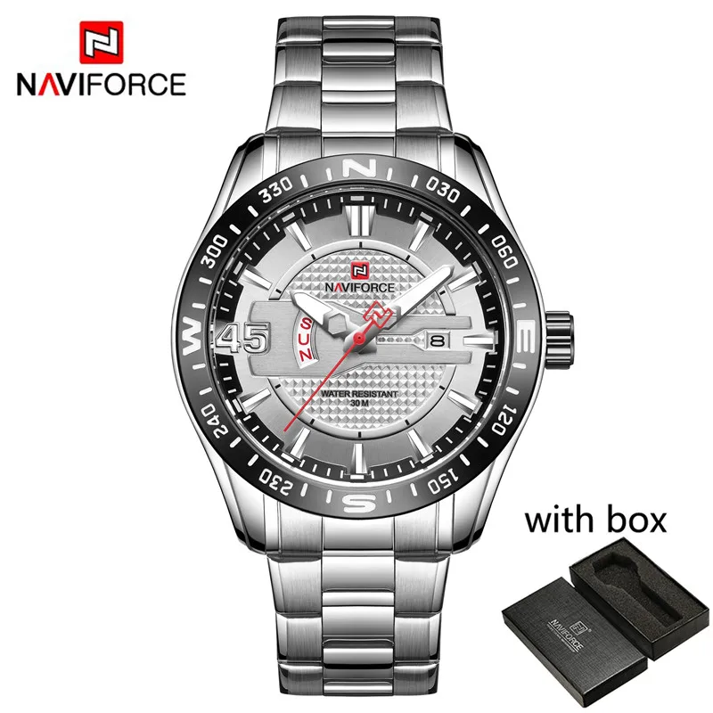 NA915705 with box Мужские часы NAVIFORCE, спортивные водонепроницаемые наручные часы, военные армейские деловые кварцевые мужские часы из нержавеющей стали 9157 - Цвет: NA915705 with box