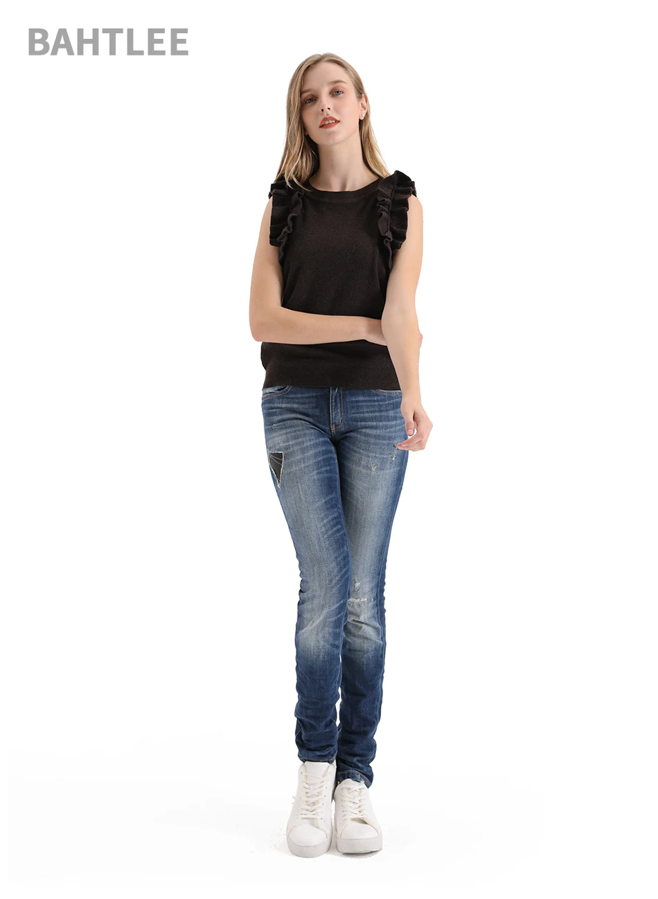BAHTLEE Summer Frilled Trim knitted Slim Fitted Tee Sleeveless T-shirt Women Elegant Solid O-neck sweater Tshirt ruffles