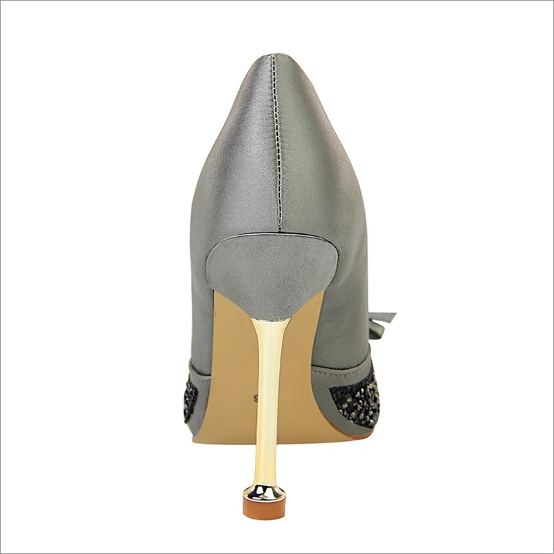 New Pointe Fashion Bling Metal Heel Women Pumps Silk Shallow Korean Women's Sweet Small Bowknot High Heels Shoes 10CM Woman | Обувь