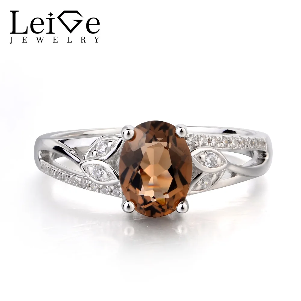 

Leige Jewelry Natural Smoky Quartz Ring Promise Ring Oval Cut Brown Gemstone Real 925 Sterling Silver Romantic Gifts for Women