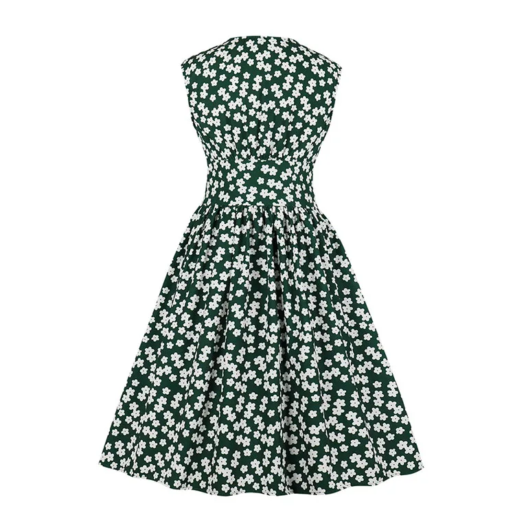 

Summer 3XL 4XL High Waist V-Neck Sleeveless Floral Dress For Women Knee Length A-Line Pleated Causal Fresh Dress Vestidos New