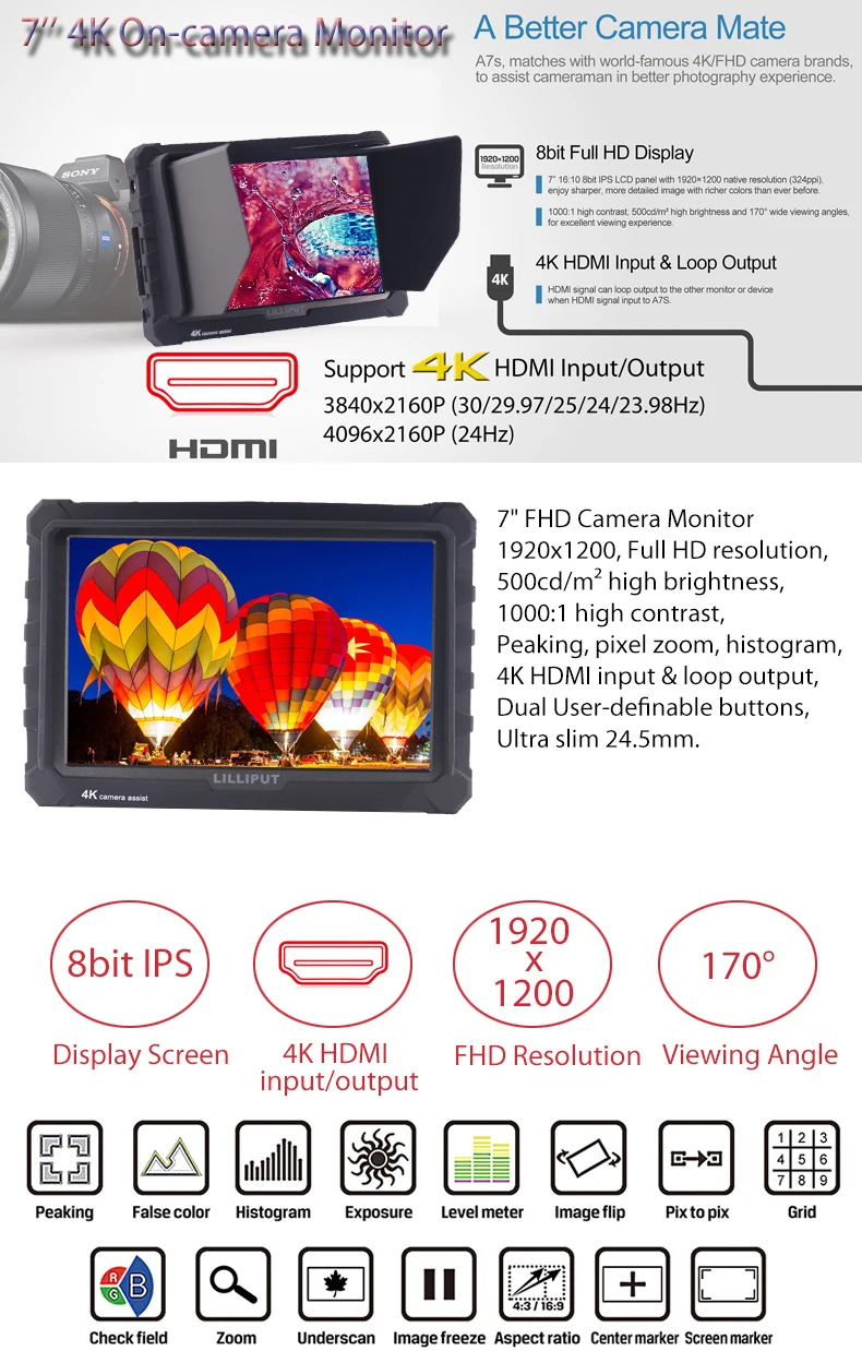 Lilliput A7S 4K видео монитор 7 дюймов на камере полевой высокое разрешение IPS Full HD 1920x1200