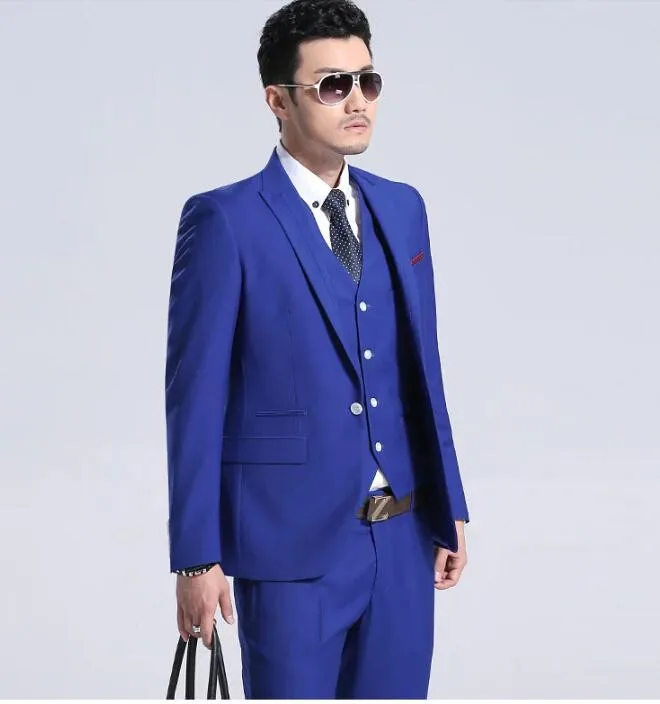 New Style One Button Royal Blue Groom Tuxedos Peaked Lapel Groomsmen Suits ( jacket+Pants+vest+tie)