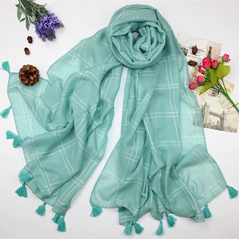 Новый принт чистый цвет двусторонняя сетка кисточки мусульманский хиджаб шарф