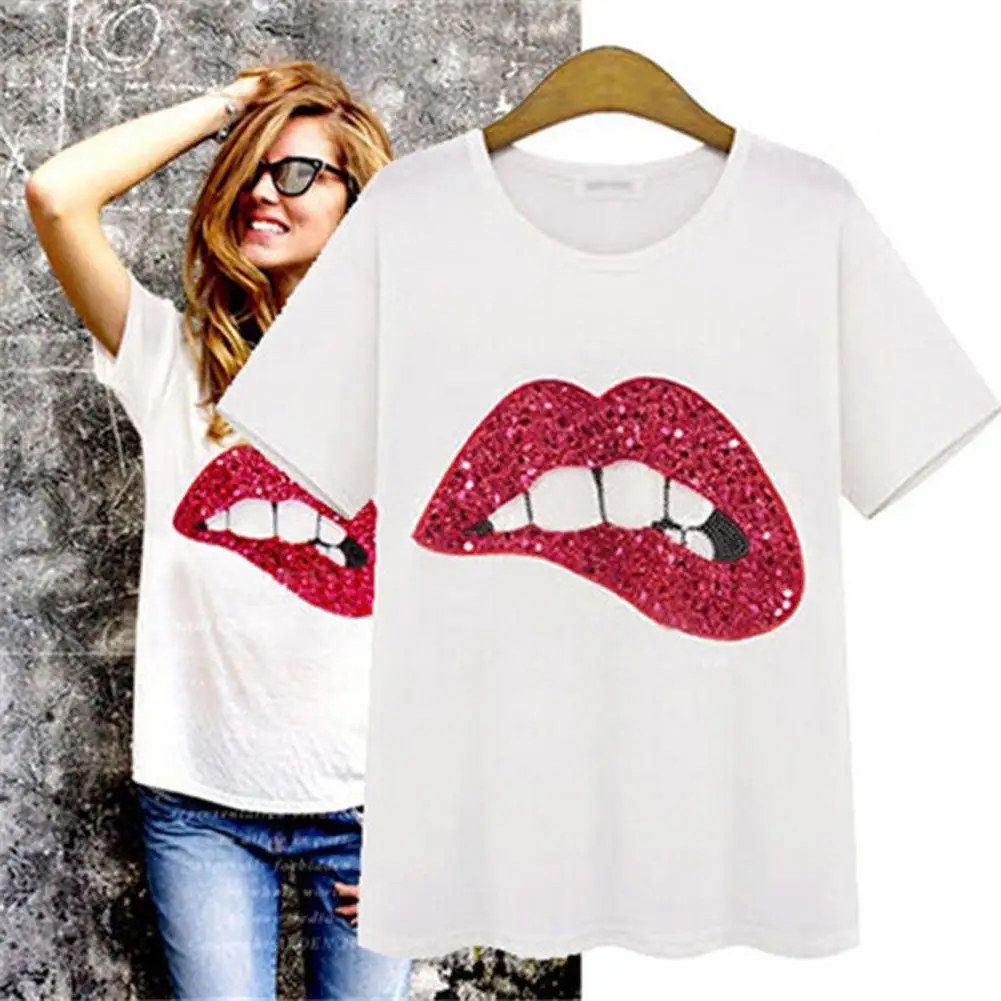 Летний стиль круглый воротник блестки зеленые красные губы сексуальная женская