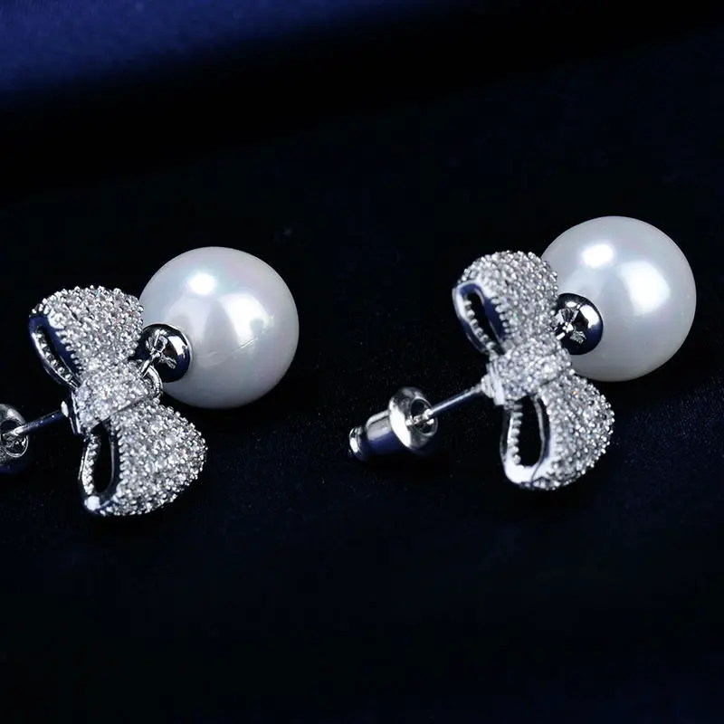 Серьги подвески женские с бантом и фианитом серебряное покрытие|dangle earrings for
