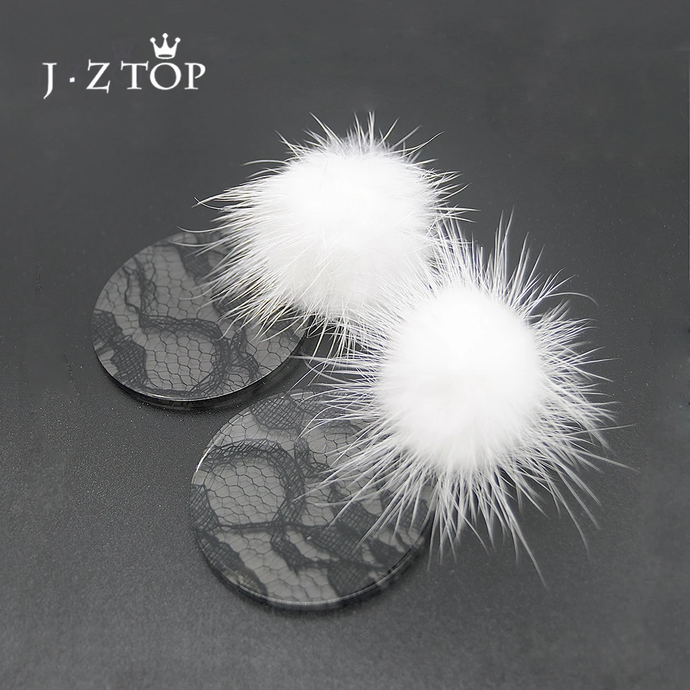 JZTOP Fashion Woman Earrings Acrylic Fur Ball Imitation Lace Big Round Stud For Female Luxury Oorbellen Jewelry | Украшения и